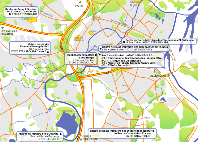 Localisation des sites des Diaconesses de Strasbourg